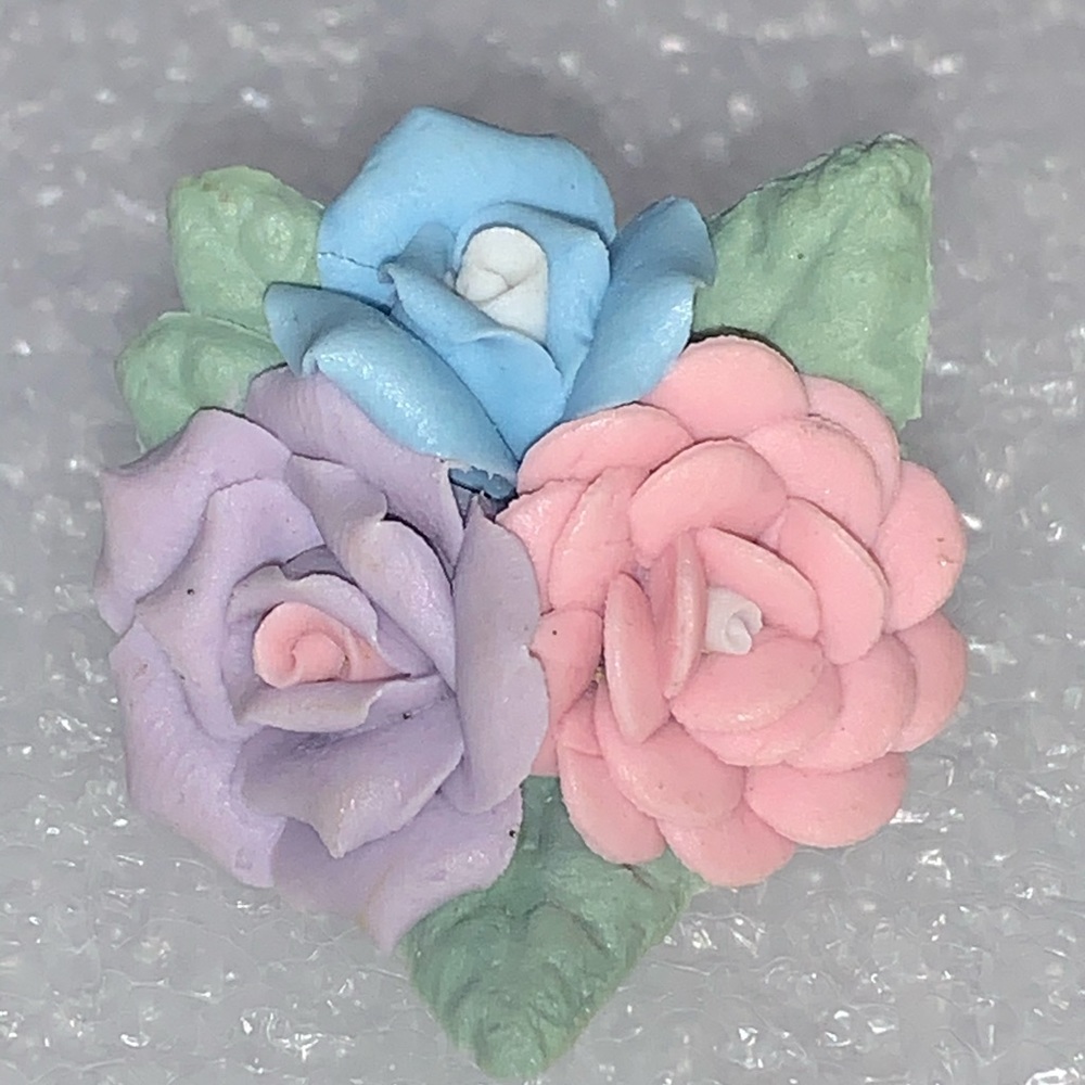 Ceramic Blue, Pink, & Violet Roses Brooch Pin